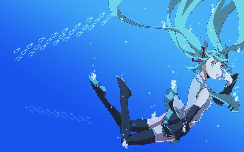 Miku underwater with fish