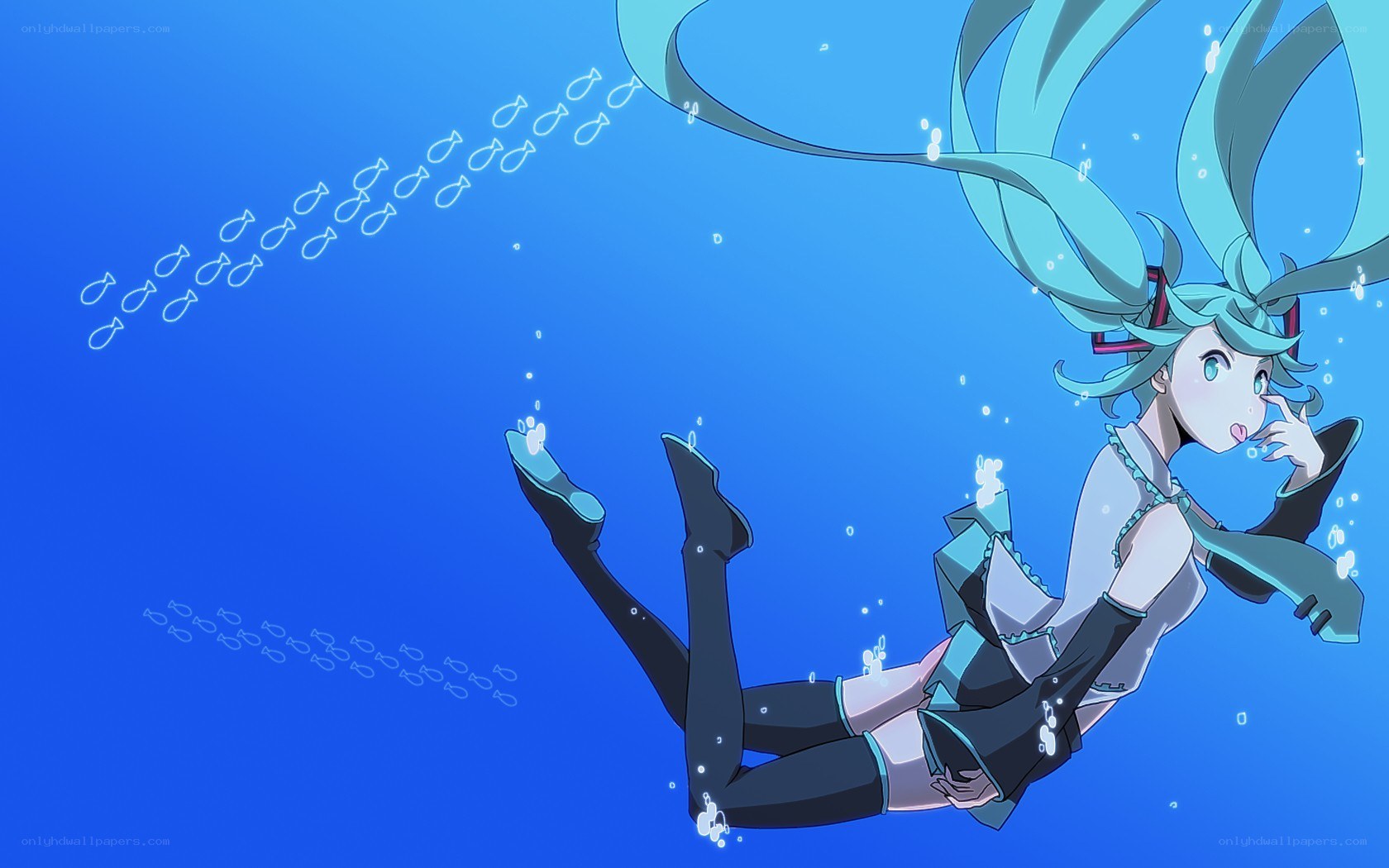 Miku underwater with fish