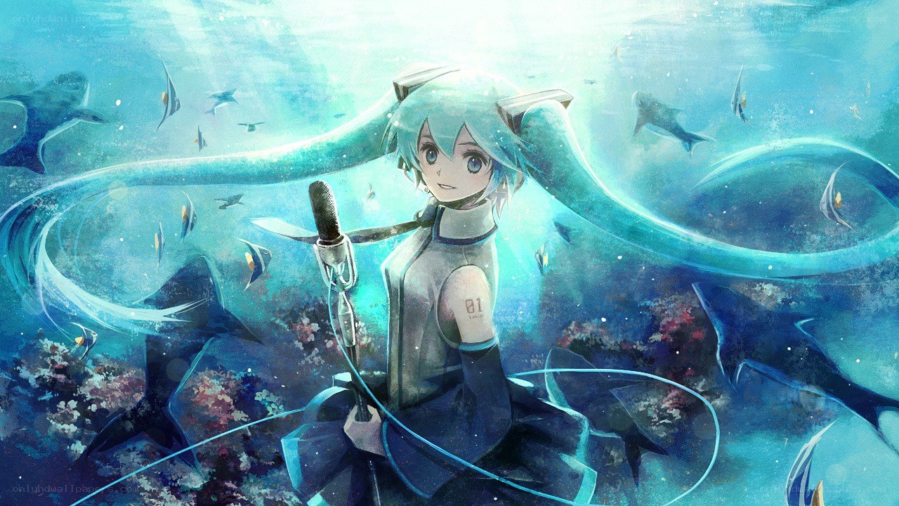 Miku underwater with fish