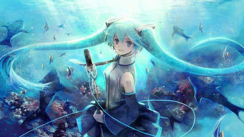 Miku underwater with fish
