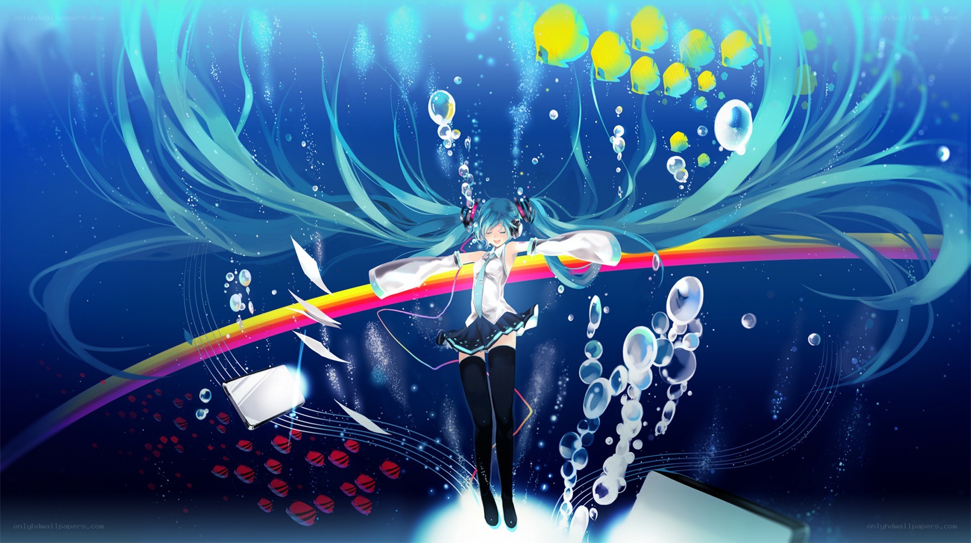 Miku underwater with rainbow