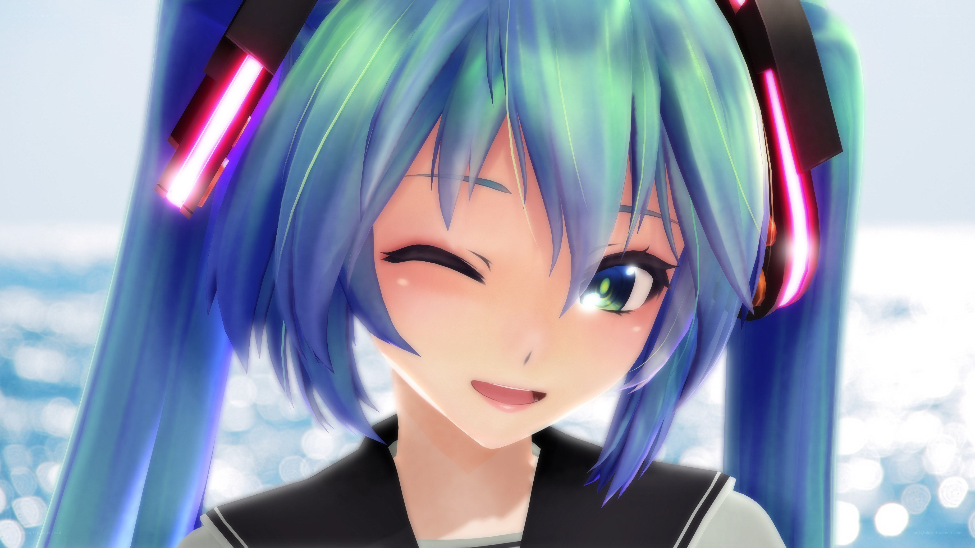Miku winking with headphones