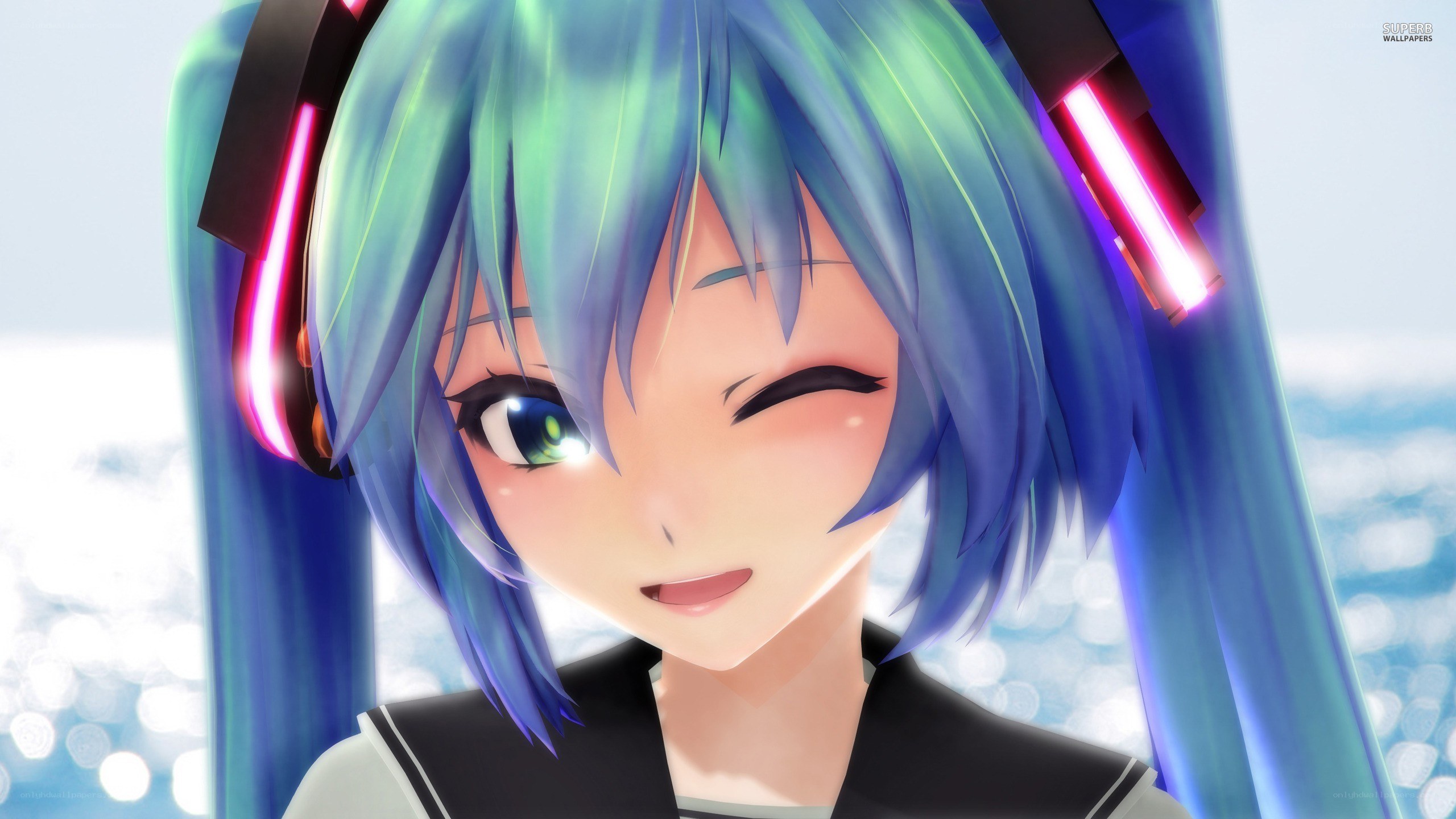 Miku winking with headphones