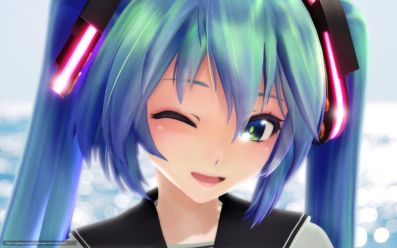 Miku winking with headphones