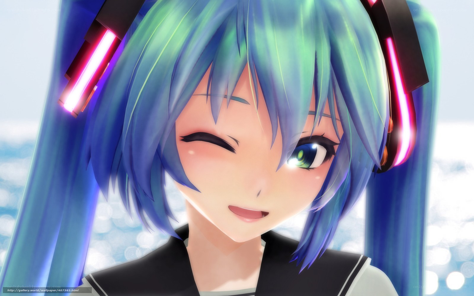 Miku winking with headphones