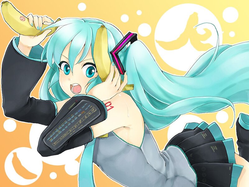 Miku with bananas and keyboard