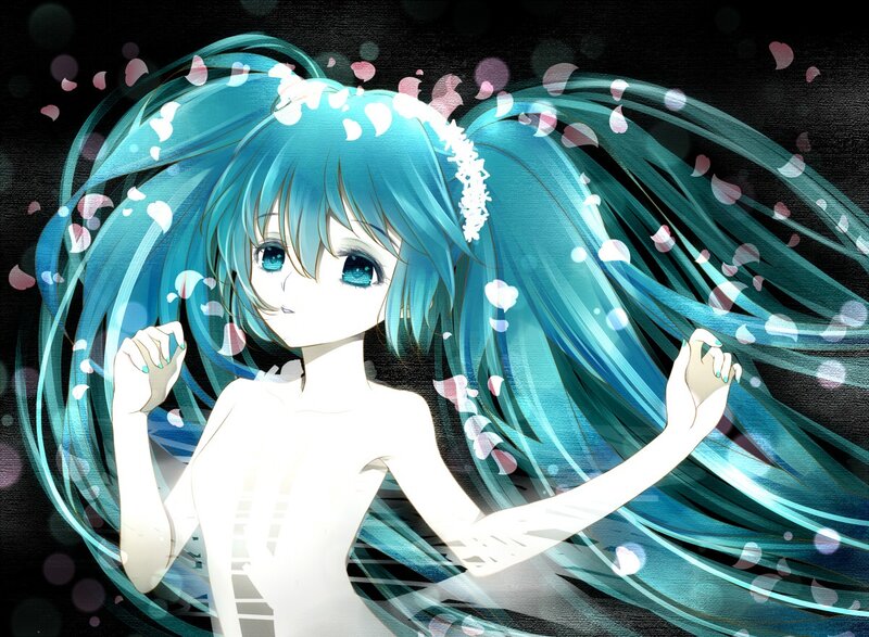 Miku with blue hair and petals