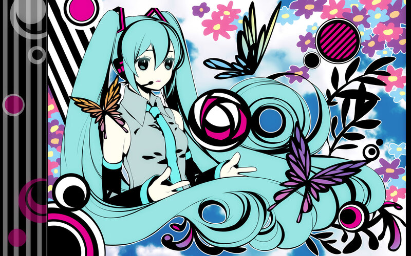 Miku with butterflies and flowers
