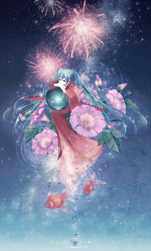 Miku with fireworks and flowers