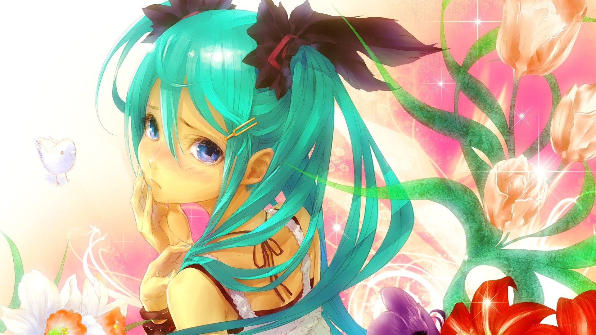 Miku with flowers and bird
