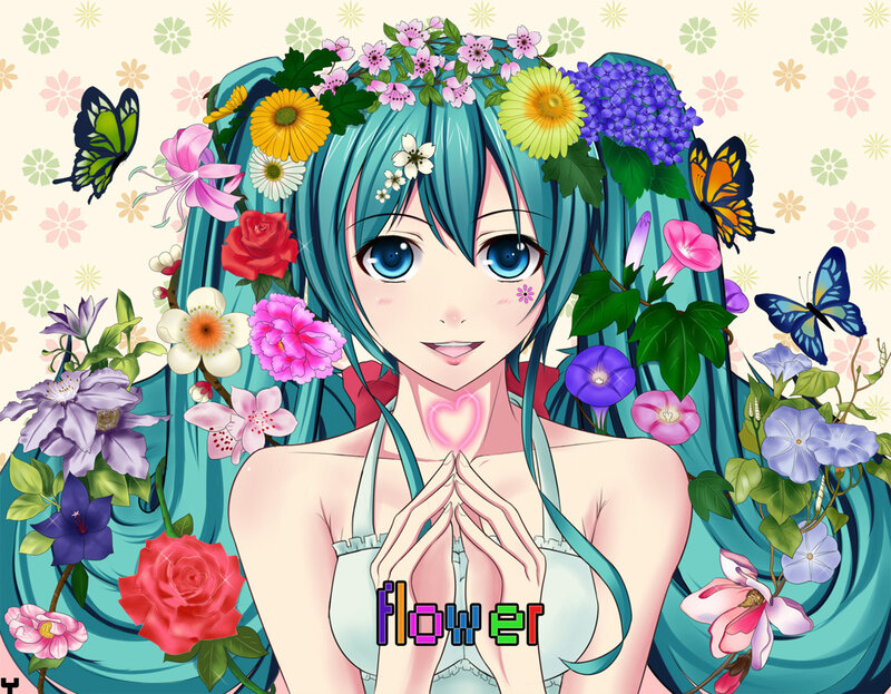 Miku with flowers and butterflies
