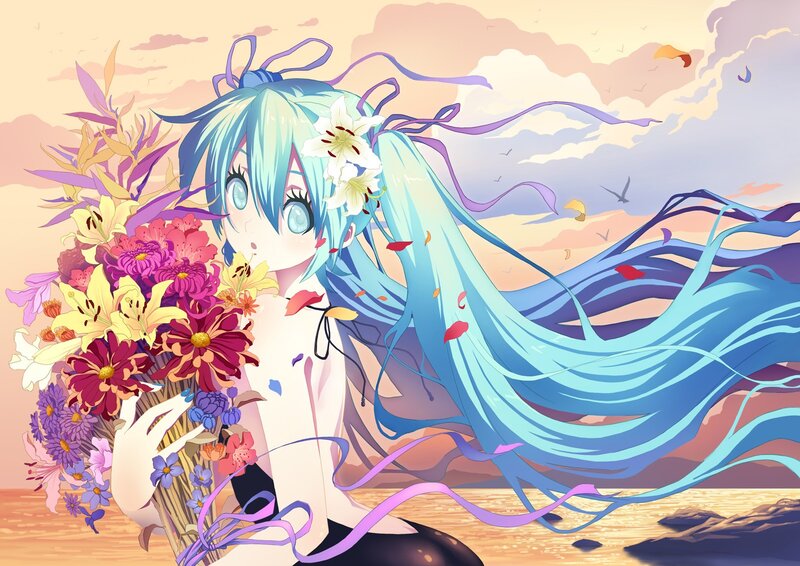 Miku with flowers at sunset