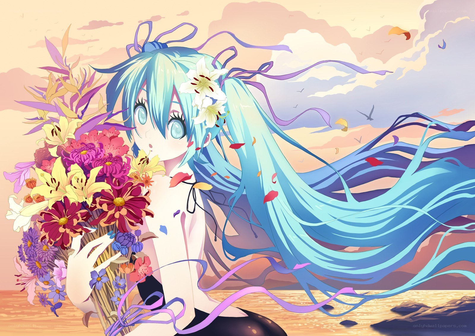 Miku with flowers at sunset