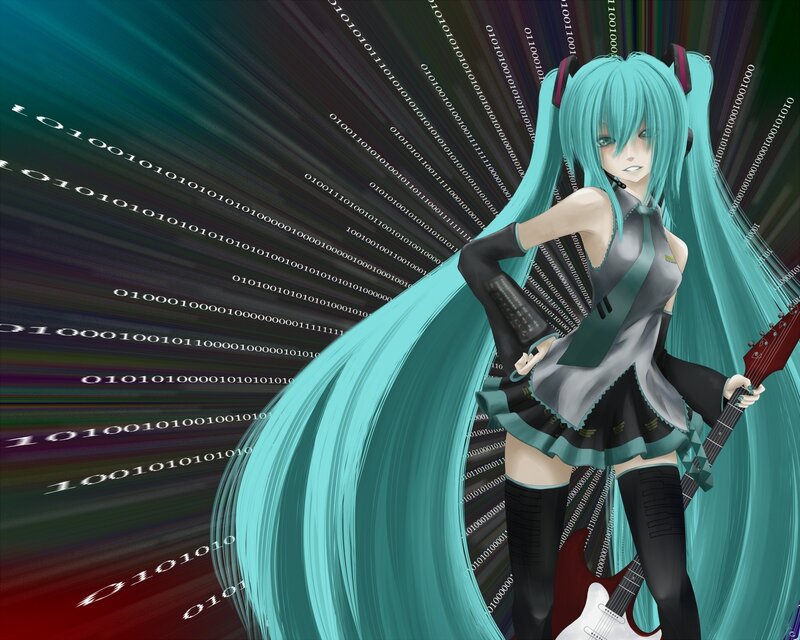 Miku with guitar and binary code