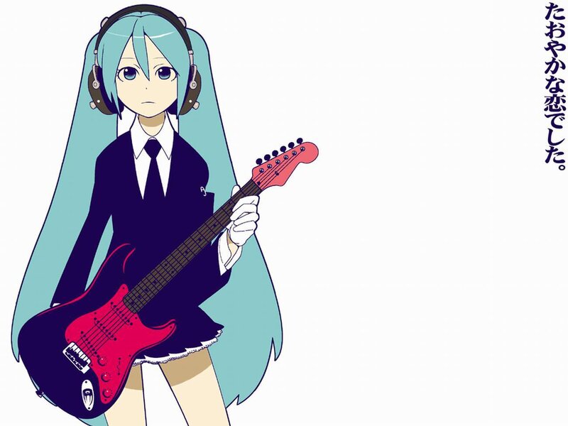 Miku with guitar and headphones