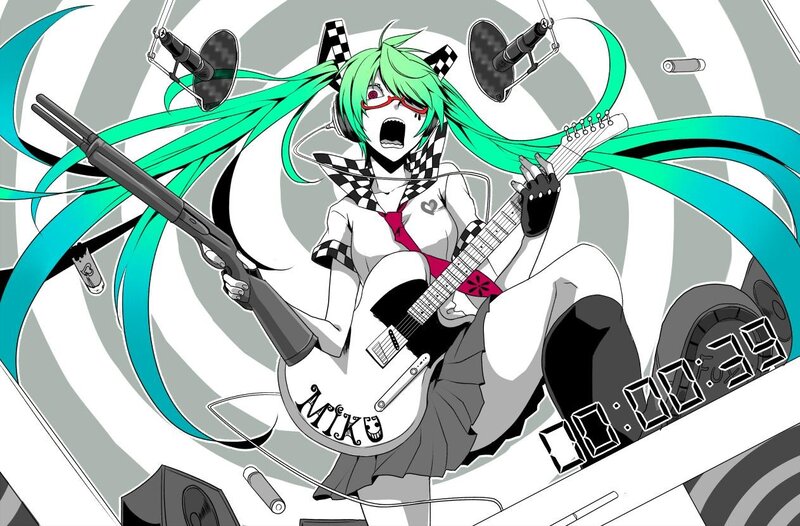 Miku with guitar and shotgun