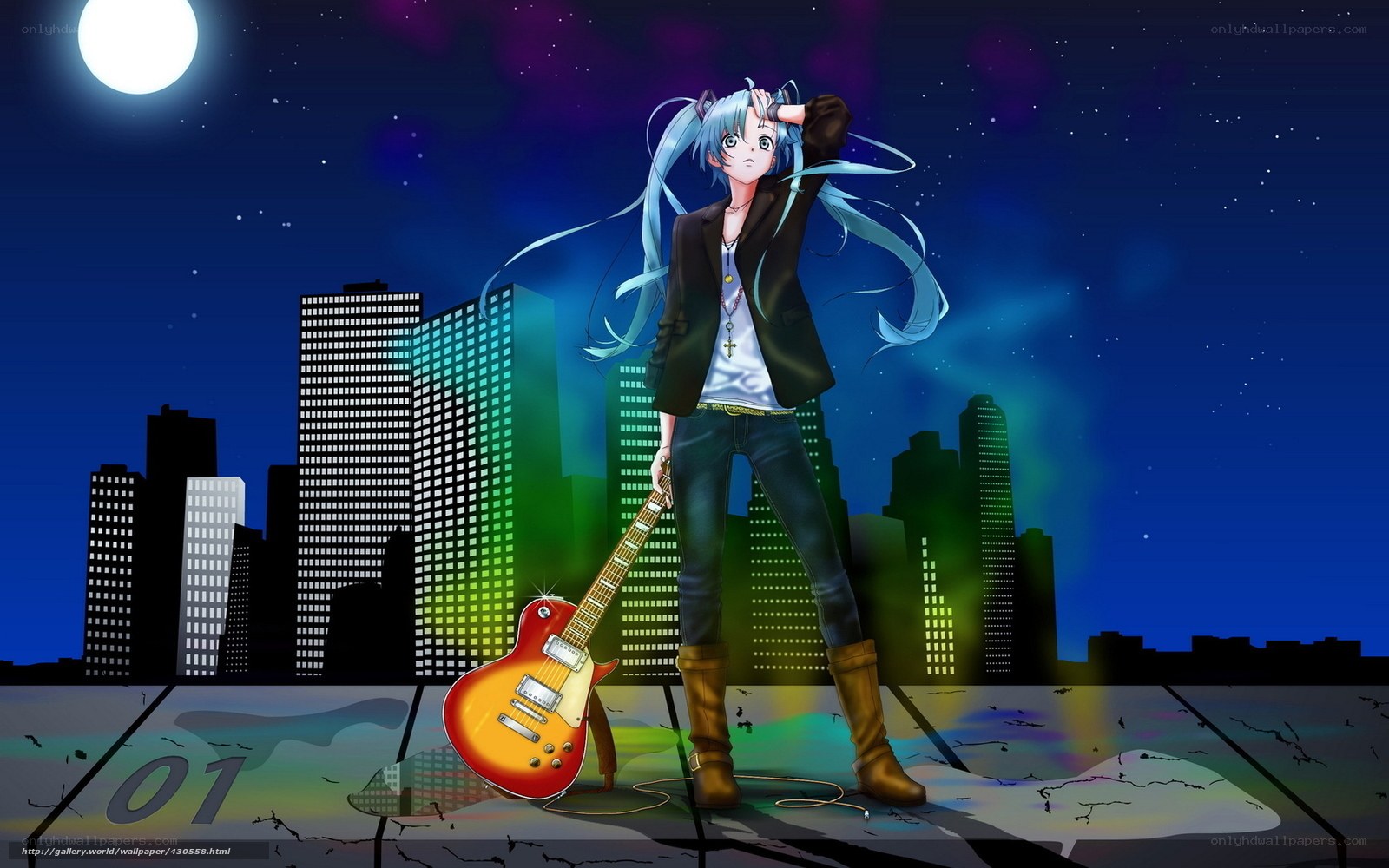 Miku with guitar at night