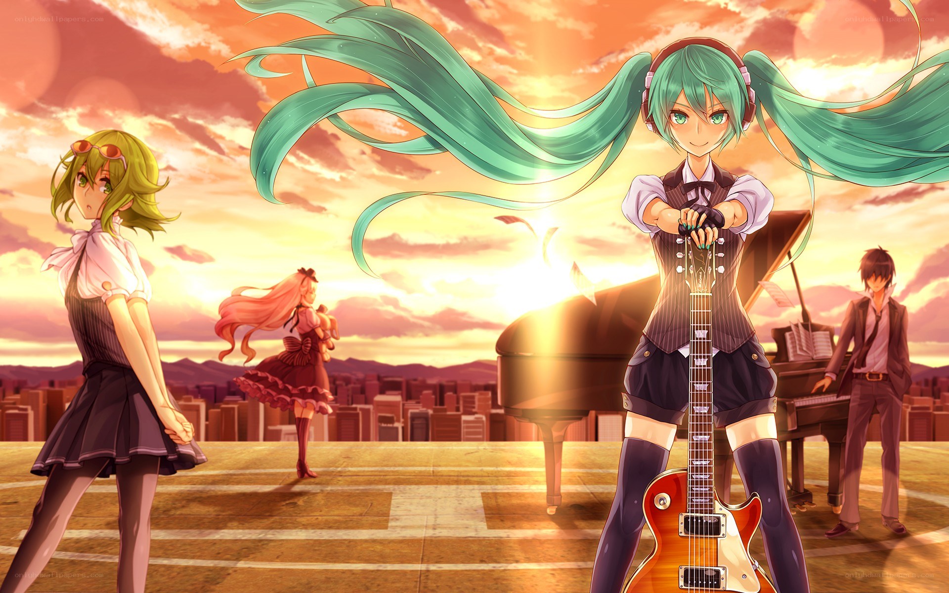Miku with guitar at sunset