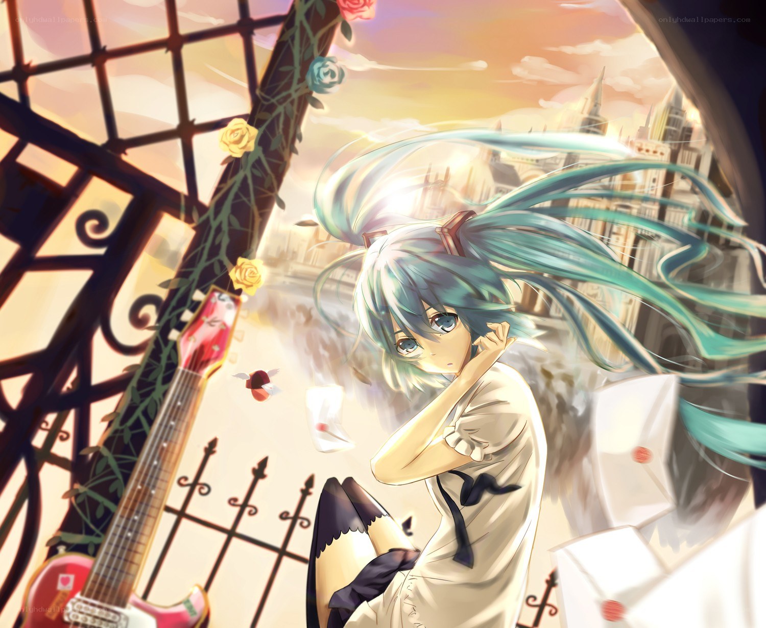 Miku with guitar at sunset