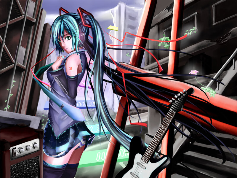 Miku with guitar in city
