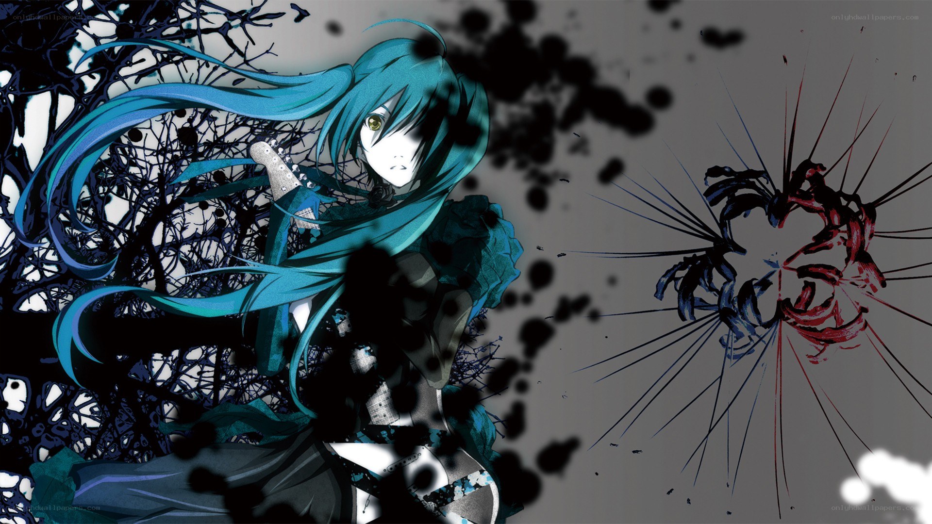 Miku with guitar in dark scene