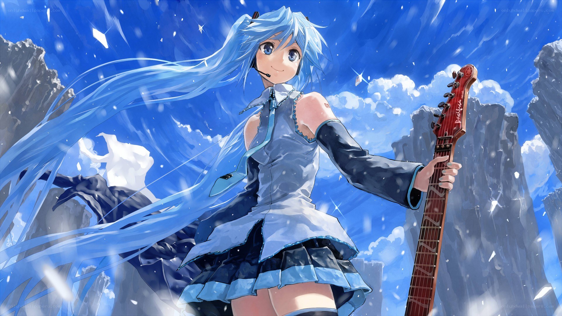 Miku with guitar in snow