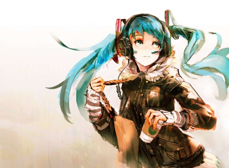 Miku with headphones and drink