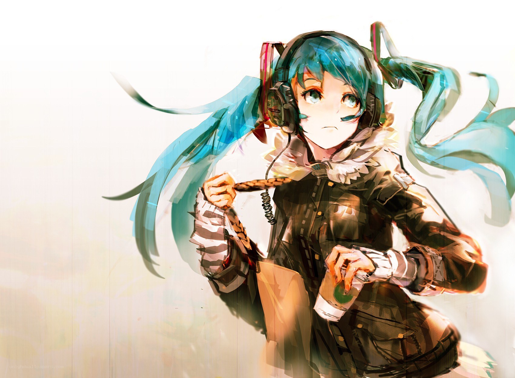 Miku with headphones and drink