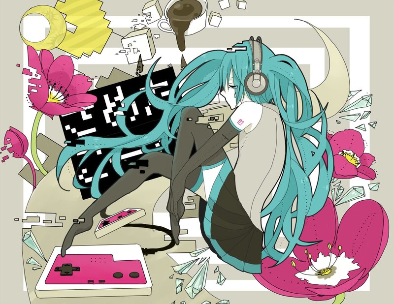 Miku with headphones and flowers