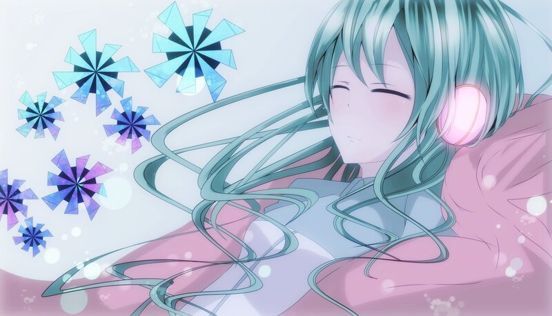 Miku with headphones and flowers