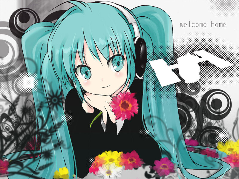 Miku with headphones and flowers