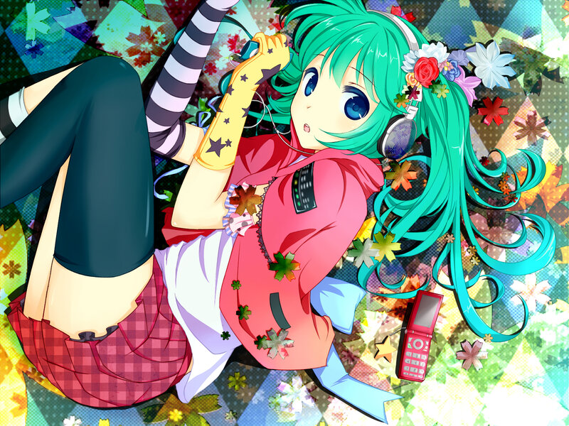 Miku with headphones and phone
