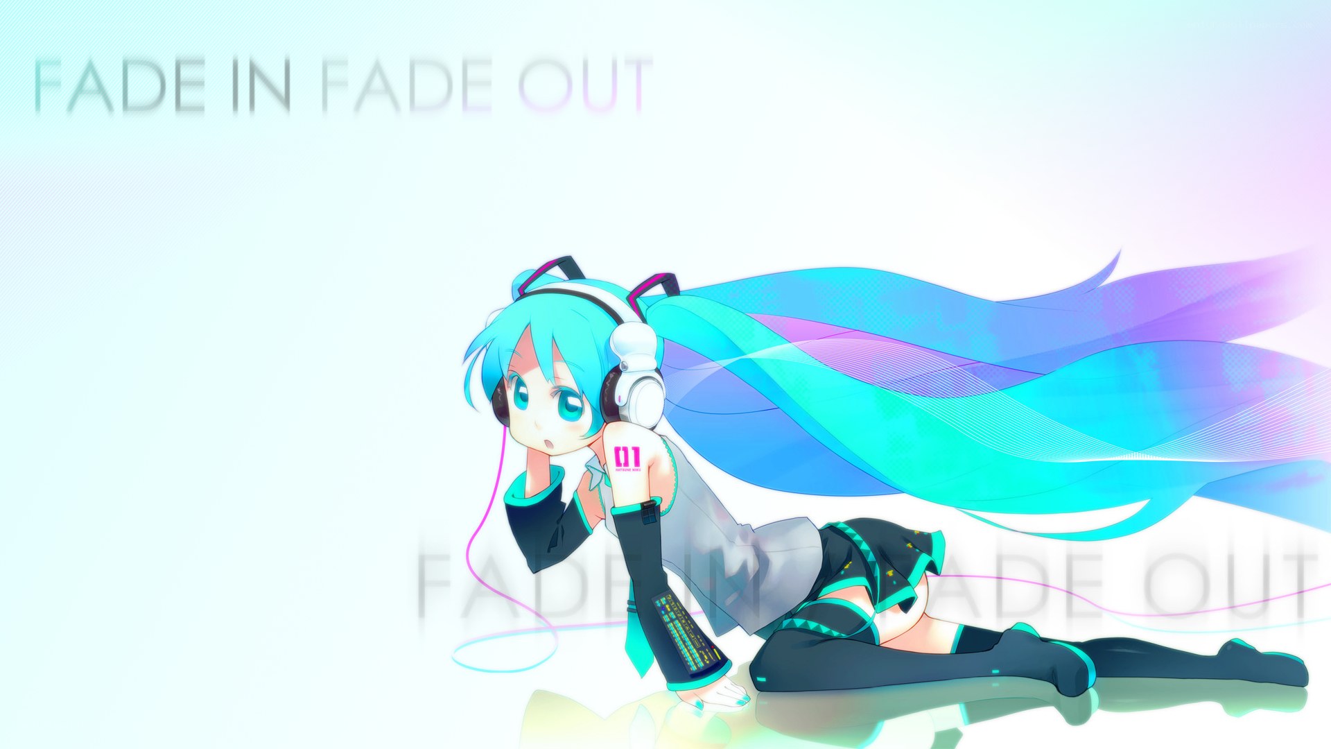 Miku with headphones lying down