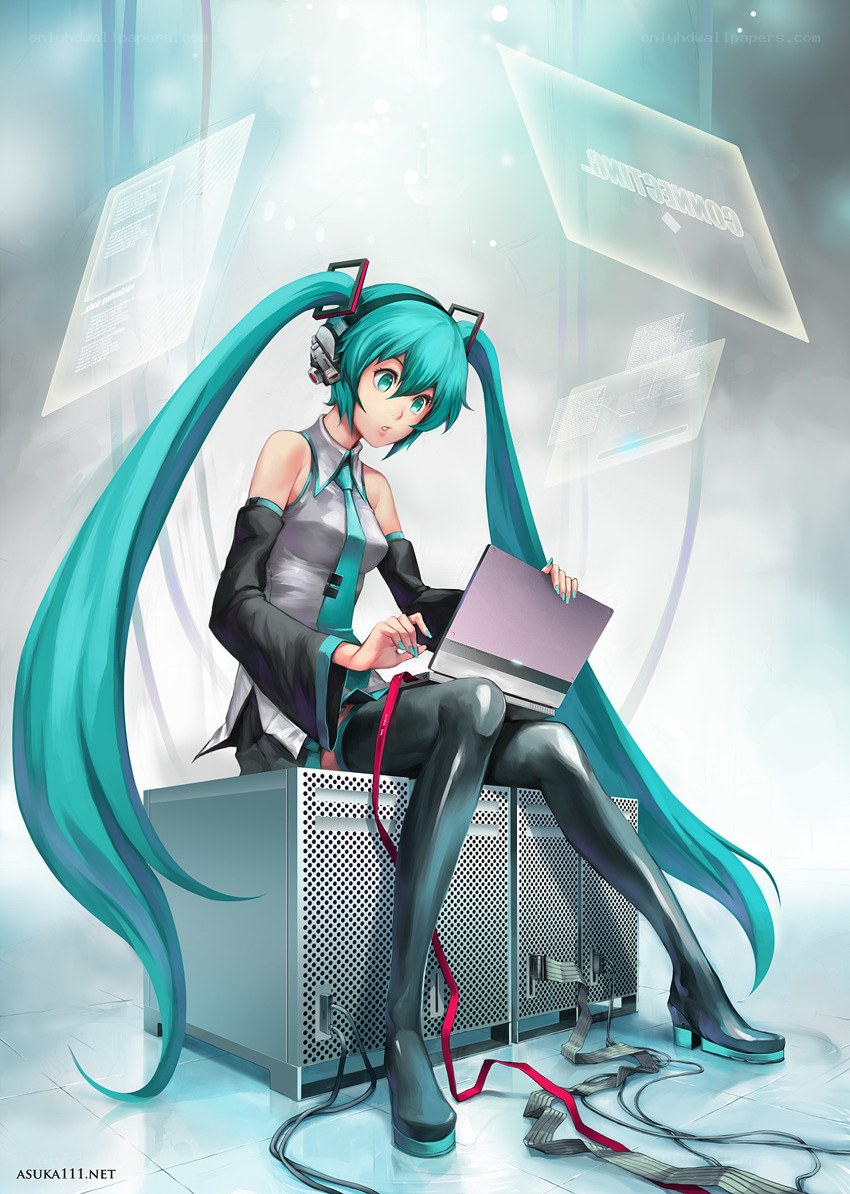 Miku with laptop in server room