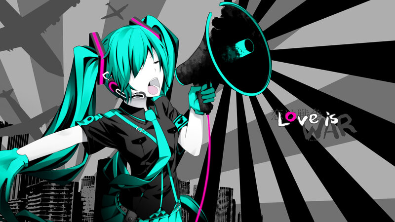 Miku with megaphone in city