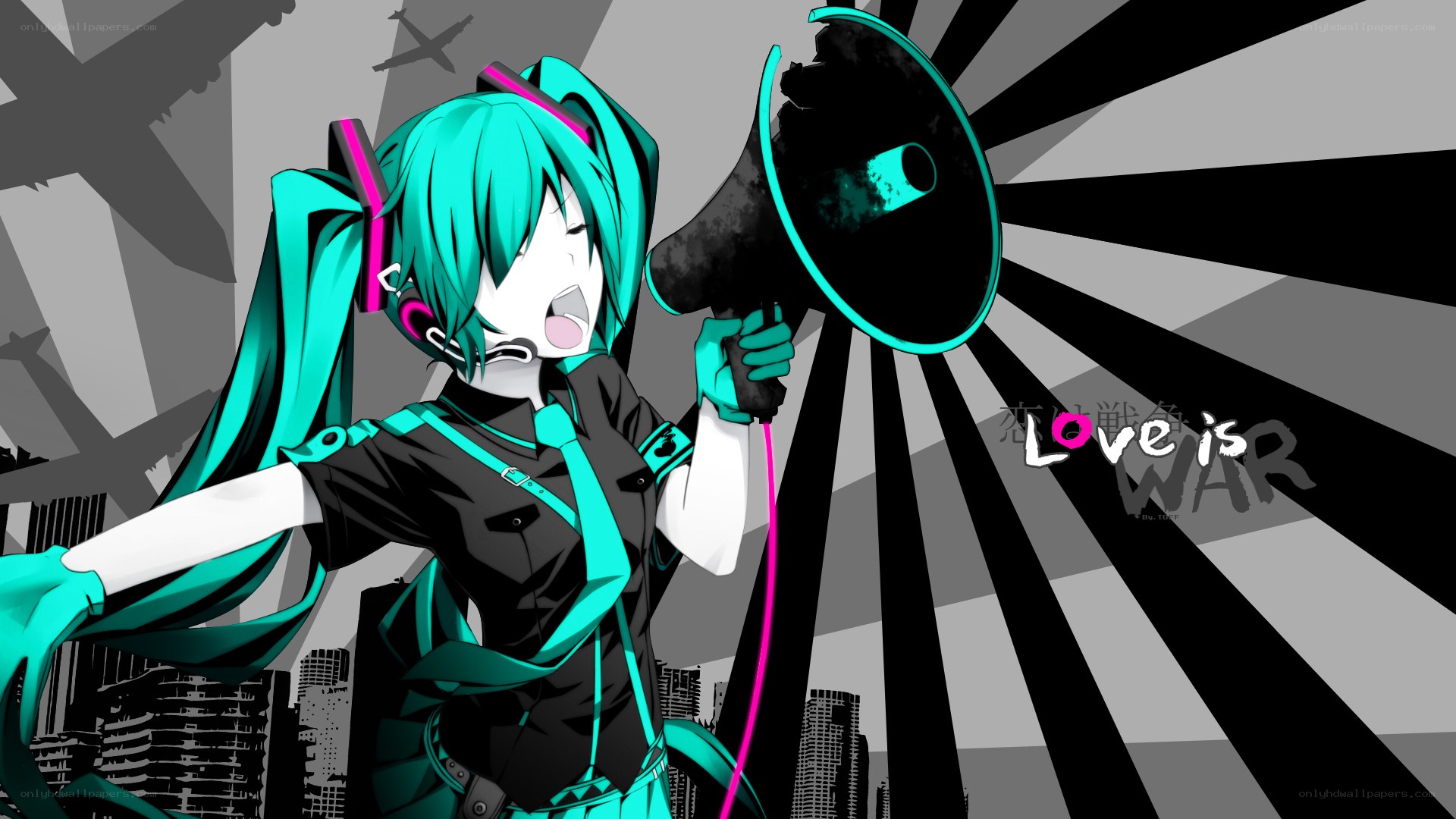 Miku with megaphone in city