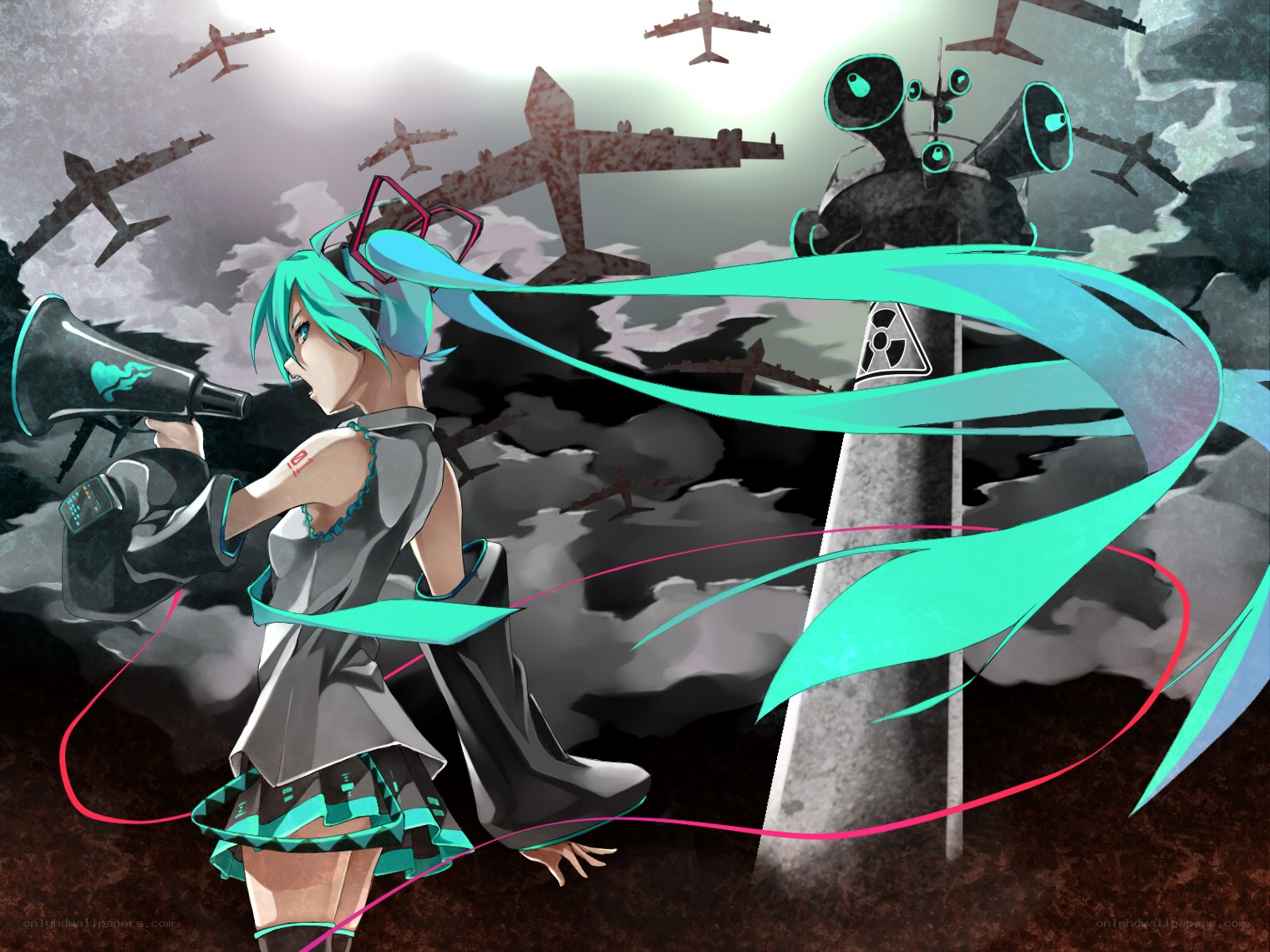 Miku with megaphone in war scene