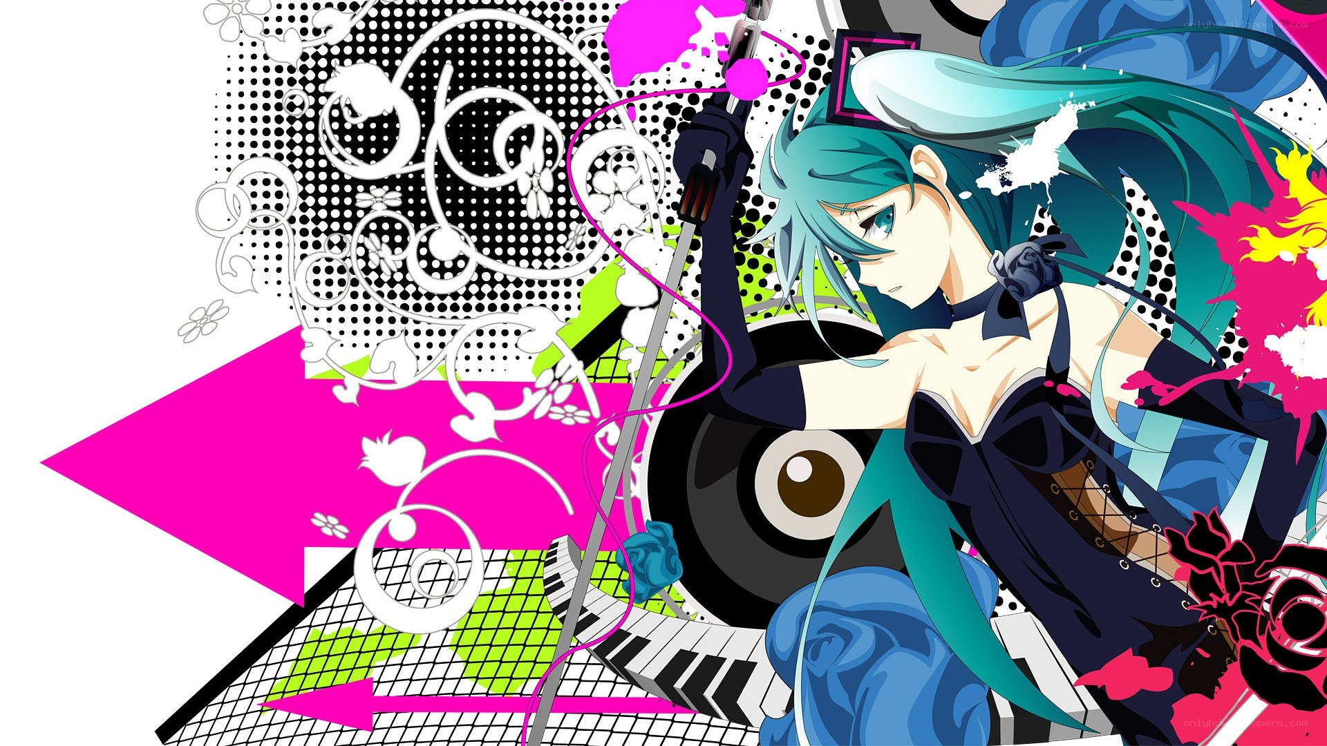 Miku with microphone and roses