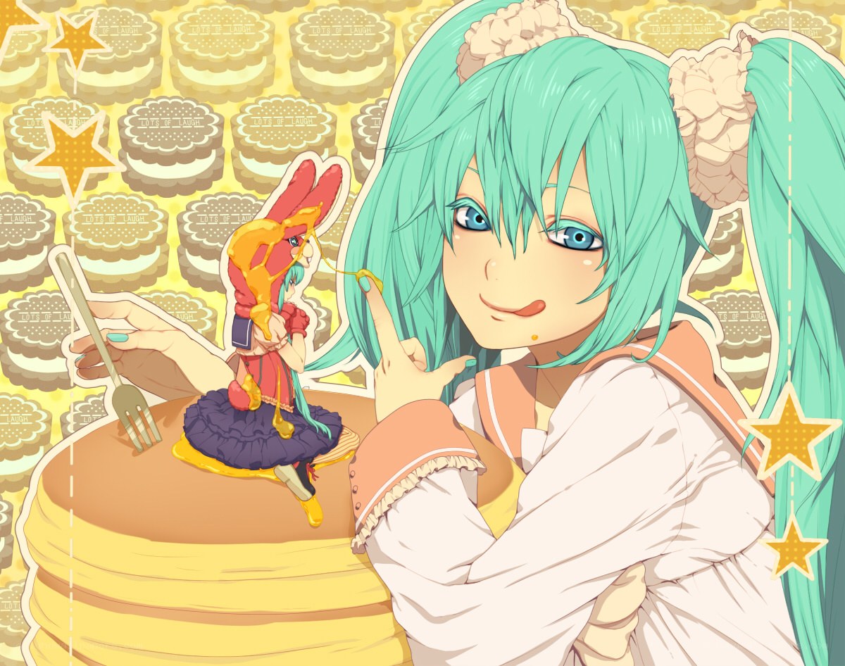 Miku with pancakes and a doll
