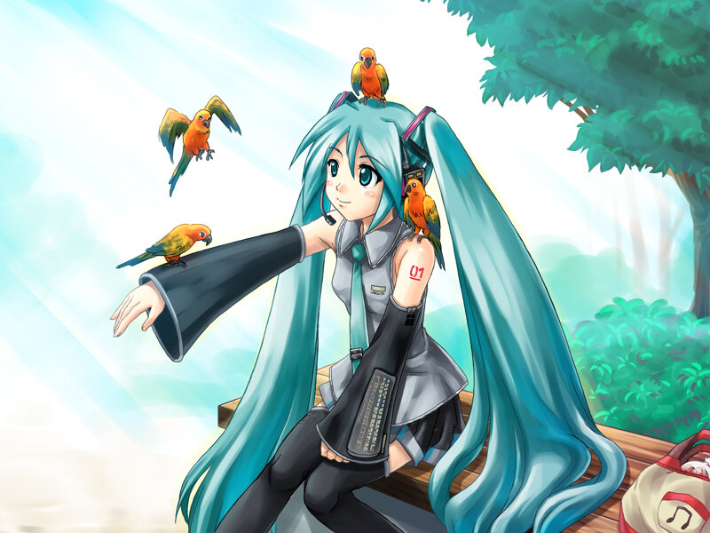 Miku with parrots