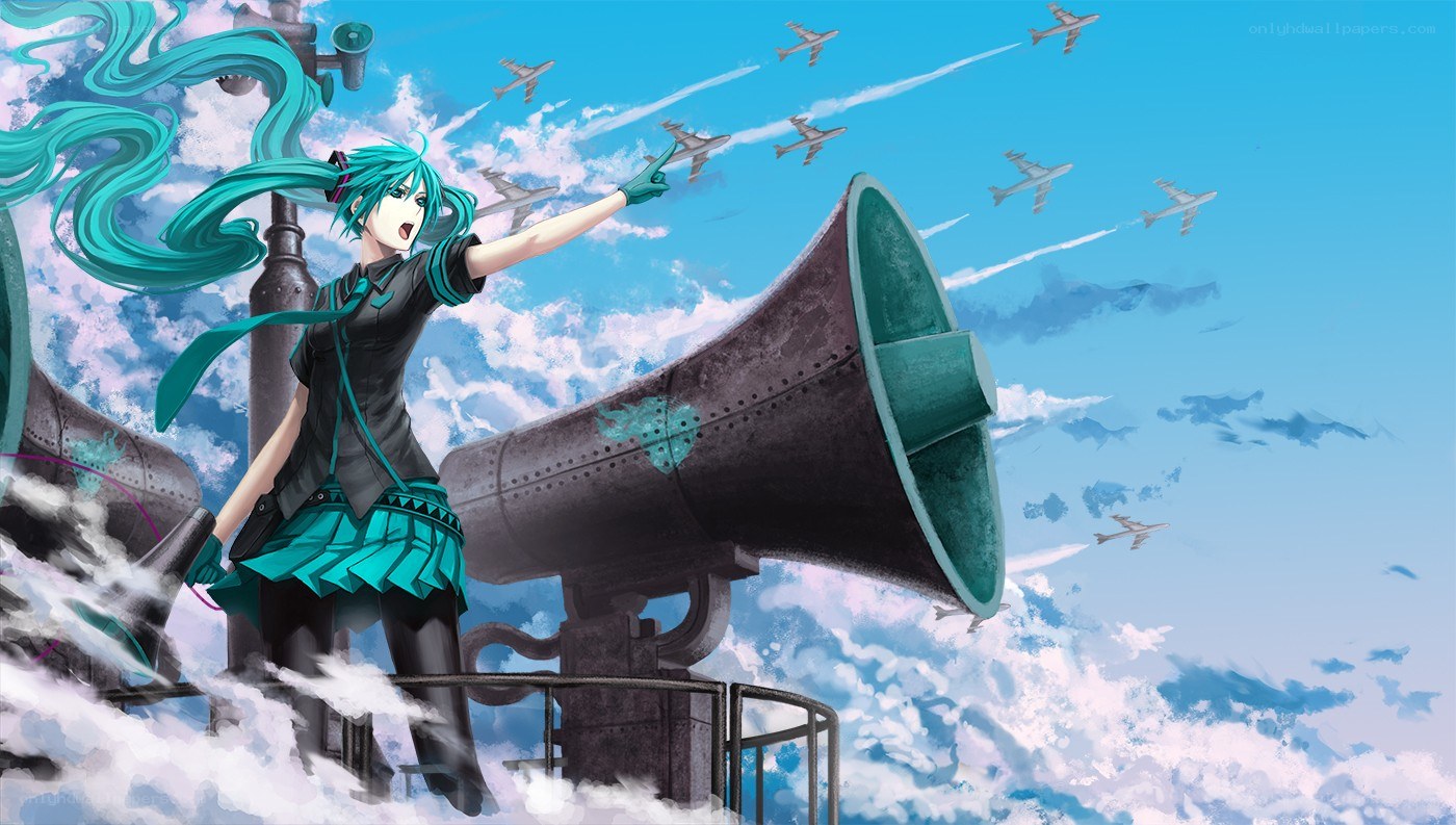 Miku with planes and megaphone
