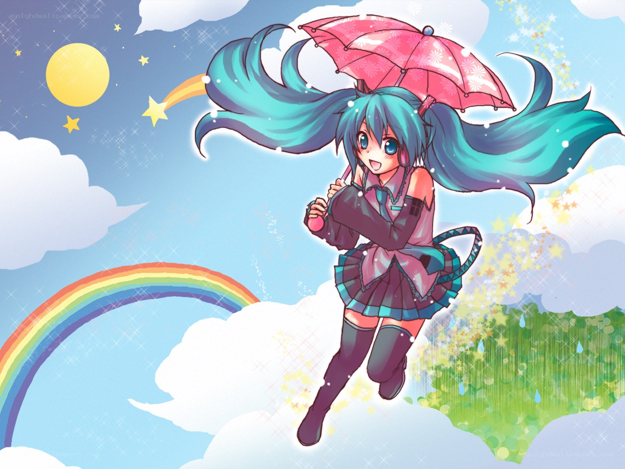 Miku with rainbow and umbrella