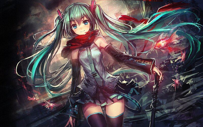 Miku with red scarf and fish