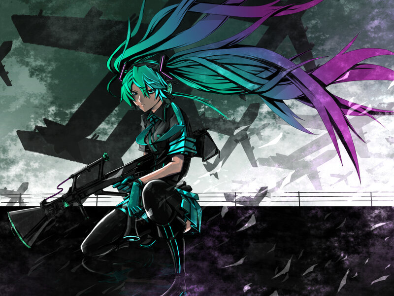 Miku with rifle in battle