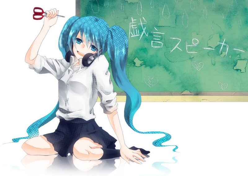 Miku with scissors in classroom