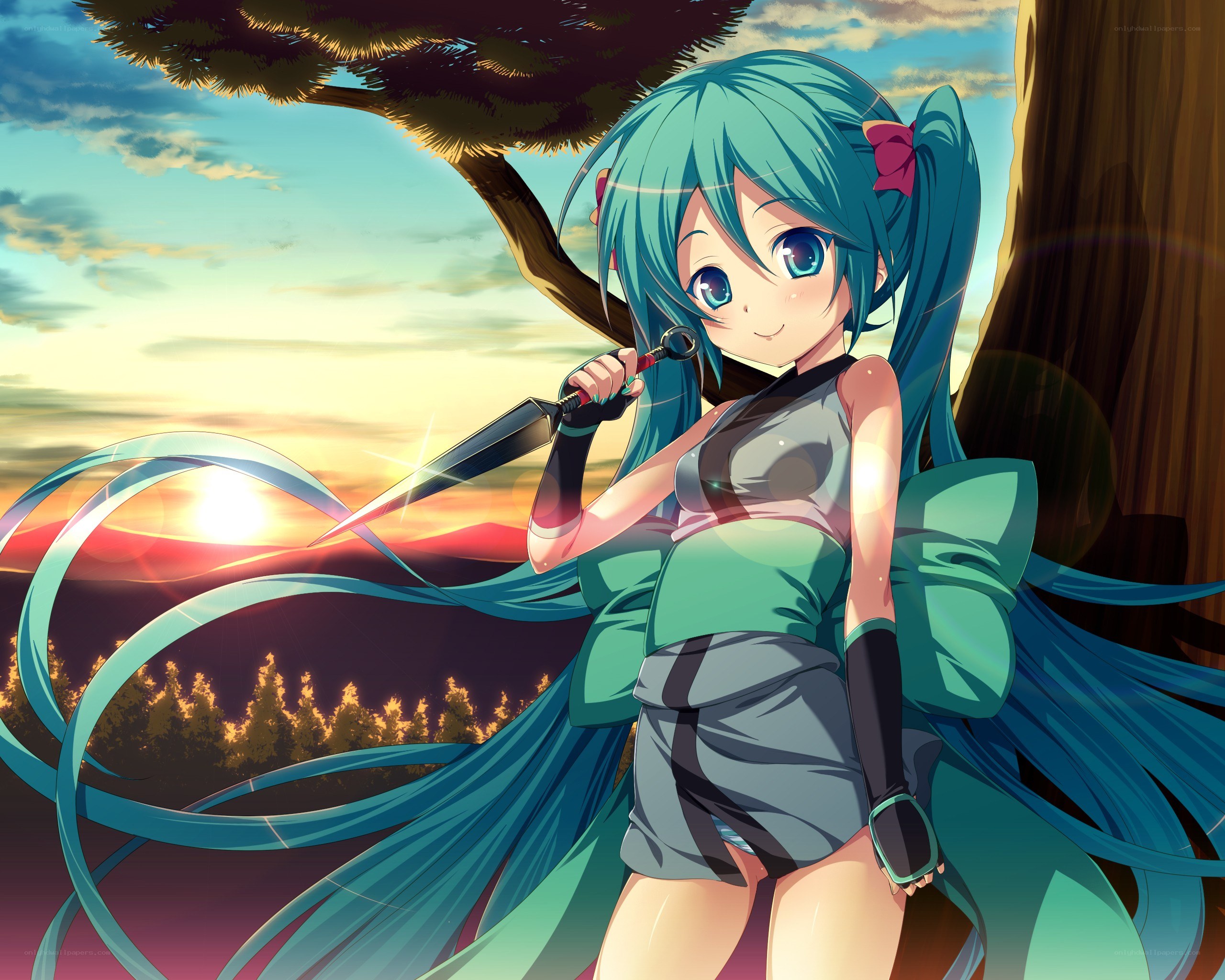 Miku with sword at sunset