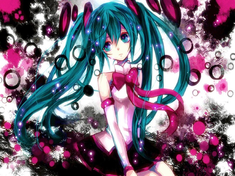 Miku with teal hair and pink bow