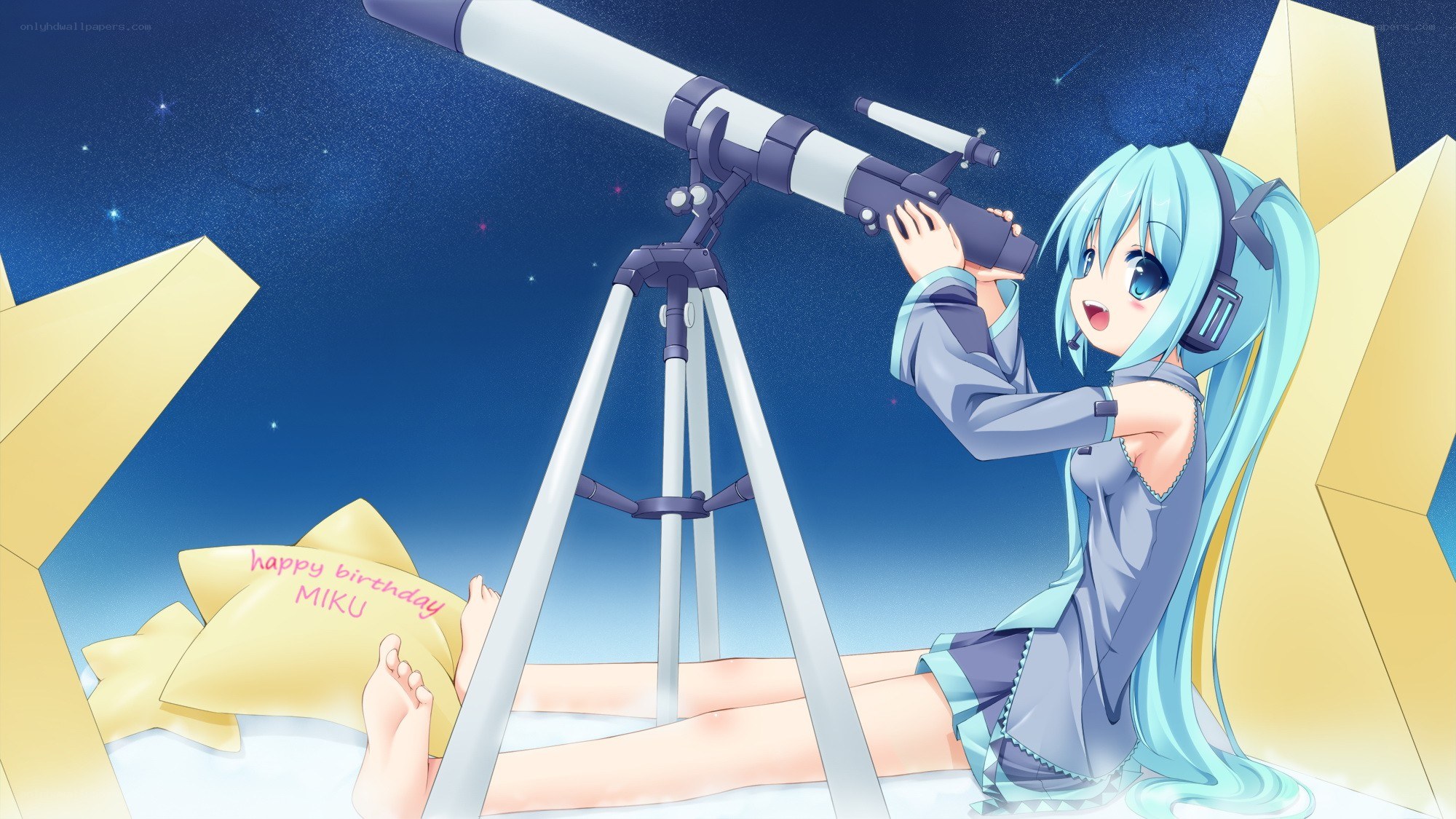 Miku with telescope at night