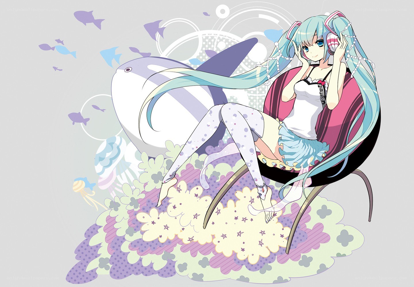 Miku with whale and fish