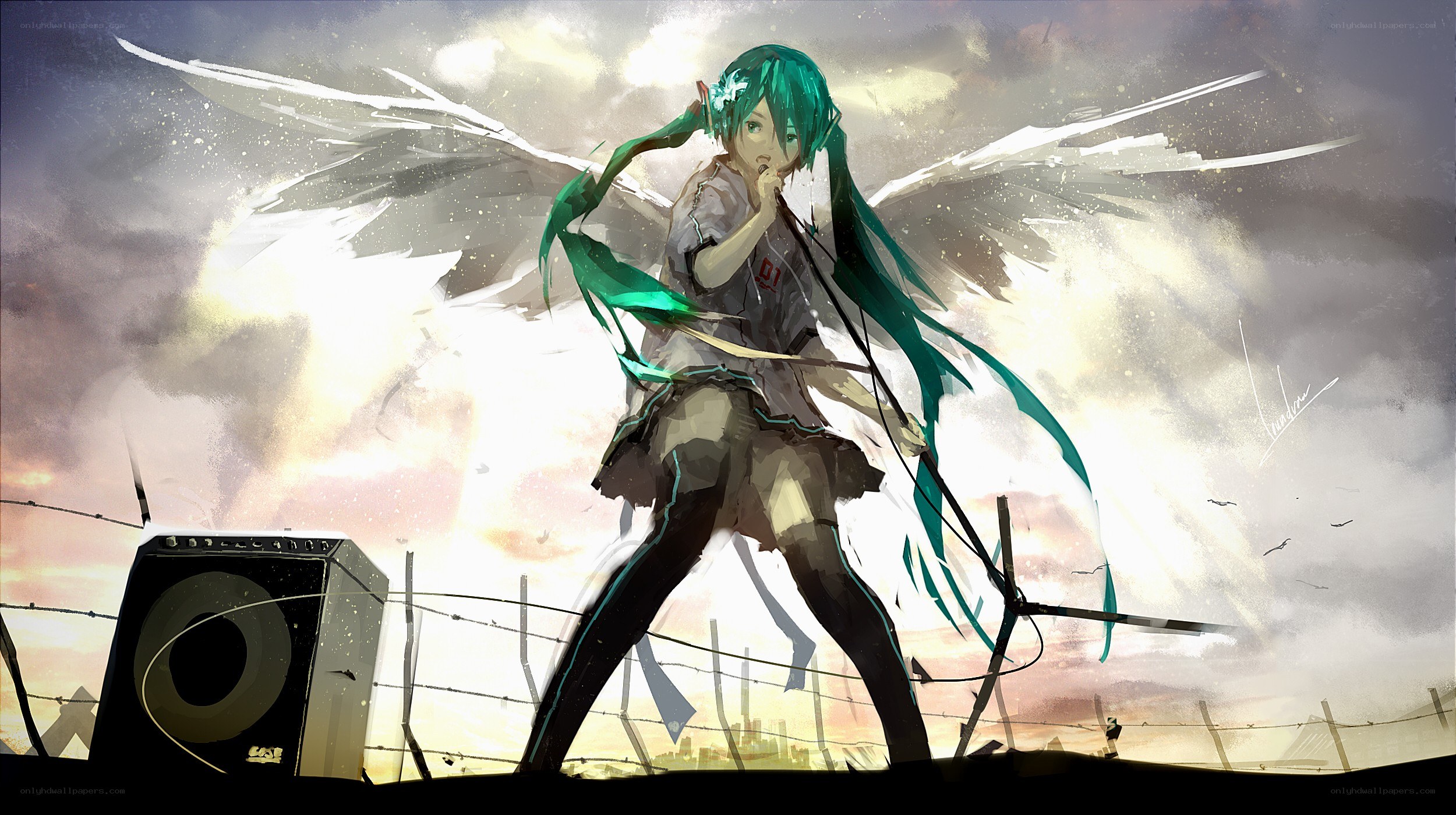 Miku with wings in a war zone